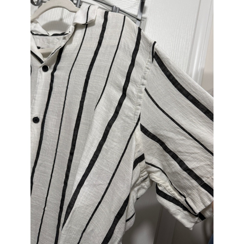 Zara Man XL White Black Vertical Stripe Linen Blend Short Sleeve Camp Shirt - Picture 11 of 16
